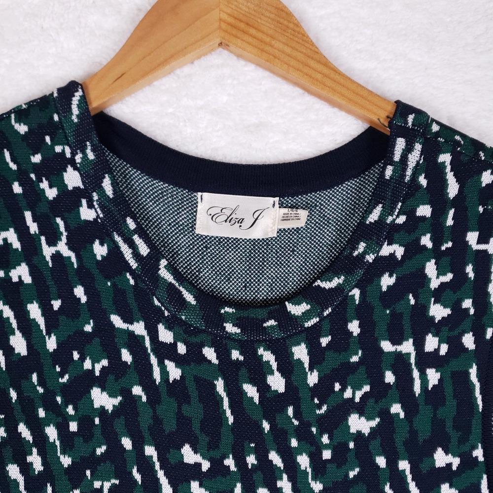 Eliza J Fit and Flare Dress Women L Sleeveless Abstract Knit Navy Green Workwear - Picture 3 of 11